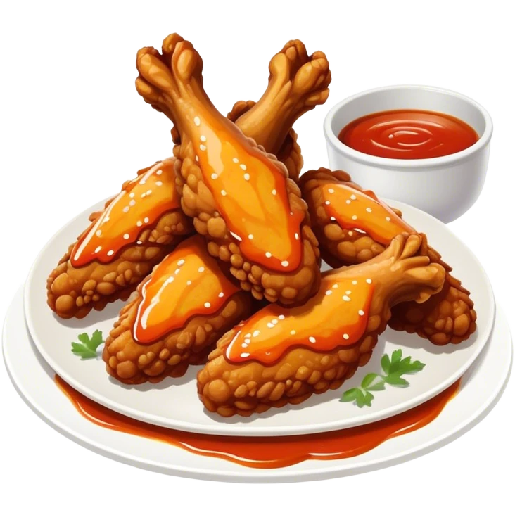 Cinematic crispy chicken wings, golden-brown and glazed with spicy sauce, crunchy coating, juicy inside, piled high with dipping sauce on the side, ultra-realistic and mouthwatering, inviting and bold. emoji