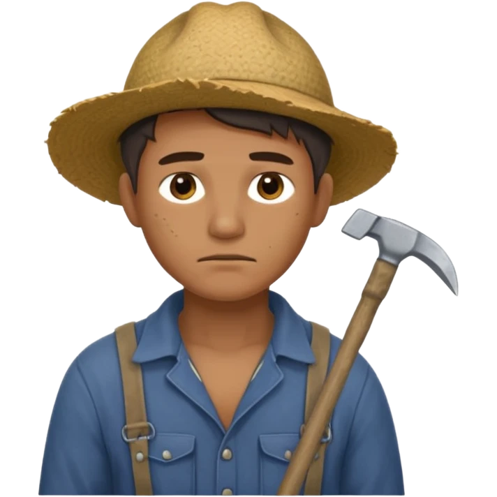 Emoji portrait of a male agricultural slave. He has a tired expression and wears rough clothes, holding a hoe over his shoulder. emoji