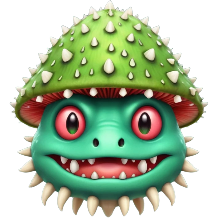 poisonous mushroom monster portrait, head and shoulders only, animal-like creature, mushroom cap head with spikes, toxic green glow, beast-like eyes, furry neck details, monstrous but cute fantasy vibe, 3D cartoon, mobile game icon style, clean background, no text, no watermark

 emoji