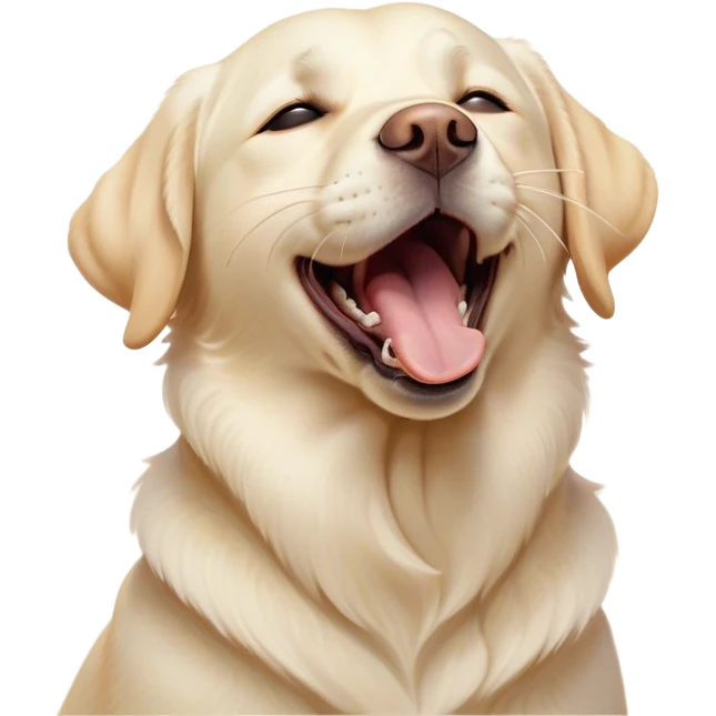 Cinematic Cute Yawning Cream Labrador Portrait Emoji, Head tilted slightly with a dramatic, wide-open yawn, showcasing a smooth cream Fur with a subtle shimmer, floppy ears slightly drooping, round warm eyes barely open in drowsy contentment, Simplified yet irresistibly adorable features, highly detailed, glowing with a soft, cozy glow, high shine, relaxed yet expressive, stylized with a touch of whimsy, bright and endearing, soft glowing outline, capturing the essence of a sleepy yet affectionate companion, so drowsy it feels like it could stretch out of the screen and curl up for a nap! emoji