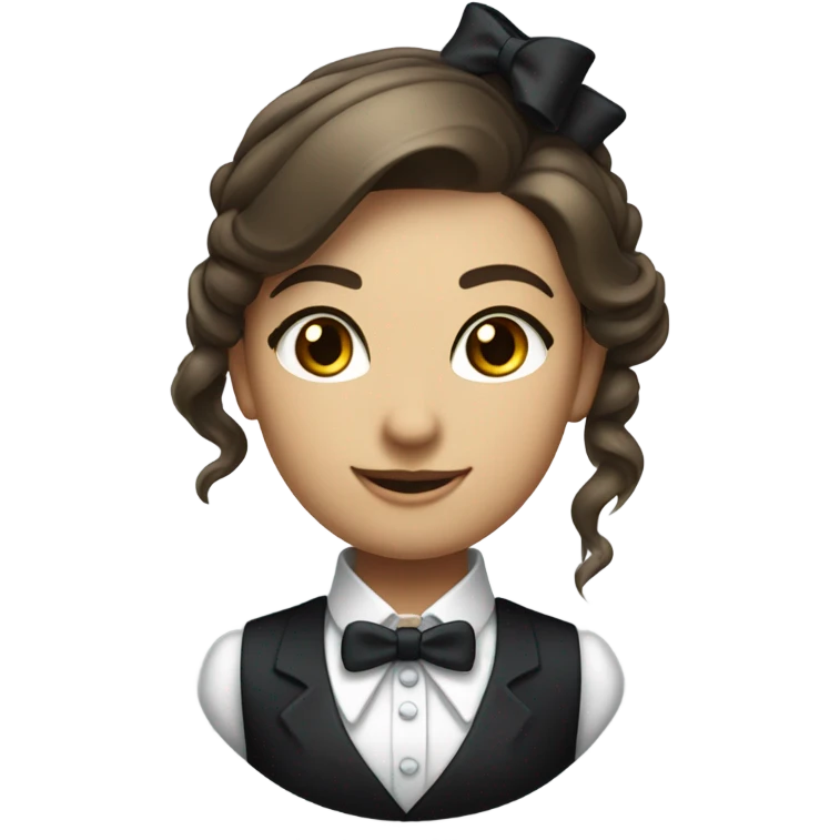 a female butler with a professional and elegant demeanor. She has her hair neatly tied in a ponytail and wears a classic butler uniform, including a tailored vest, crisp white shirt, and bow tie. emoji