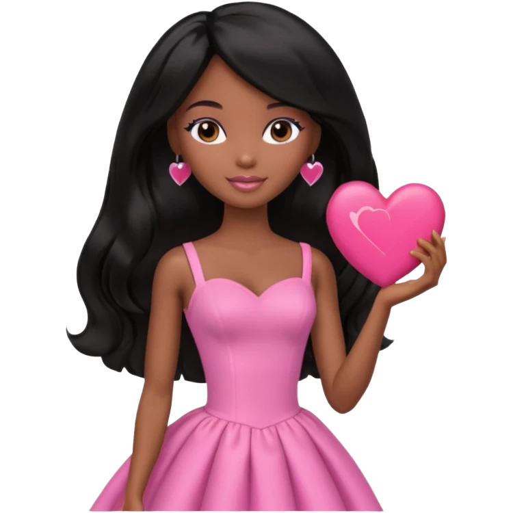 Black barbie, long black  hair, pink dress holding big heart that says heart me emoji