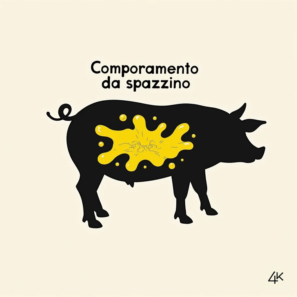 symbolic scene of a pig silhouette with yellow puddle drawings in the stomach, Italian text 'Comportamento da spazzino', neutral background, 4K quality emoji
