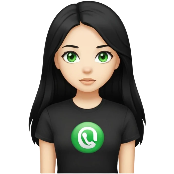 Girl With Long black Hair and with green eyes in black t-shirt  emoji