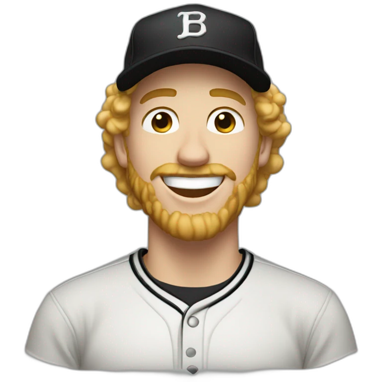 man with blond curly hair, blond beard, black baseball cap, laughing emoji