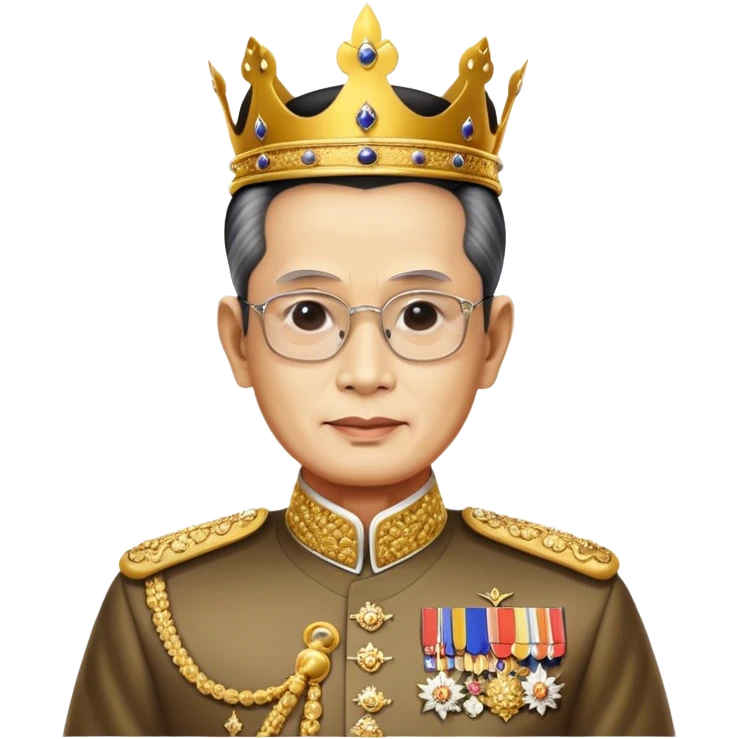 Cinematic Realistic King Bhumibol Adulyadej Portrait Emoji, depicted as a revered Thai monarch with a dignified expression and traditional royal attire, rendered with lifelike textures and soft regal lighting that captures his lasting legacy. emoji
