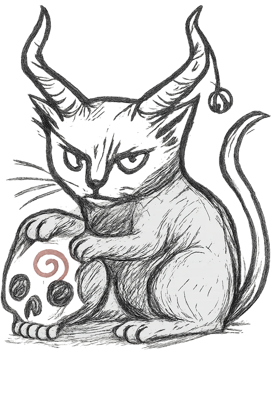 Add a small charm hanging from one of the cat's demon horns, keep the realistic hand drawn style with dynamic outlines, no fill, preserve the red spiral on the skull, transparent background. emoji