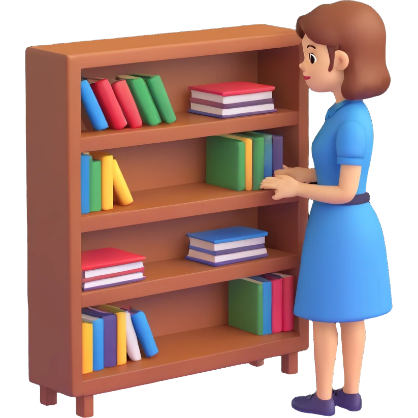 a sad woman looking at a small bookcase emoji