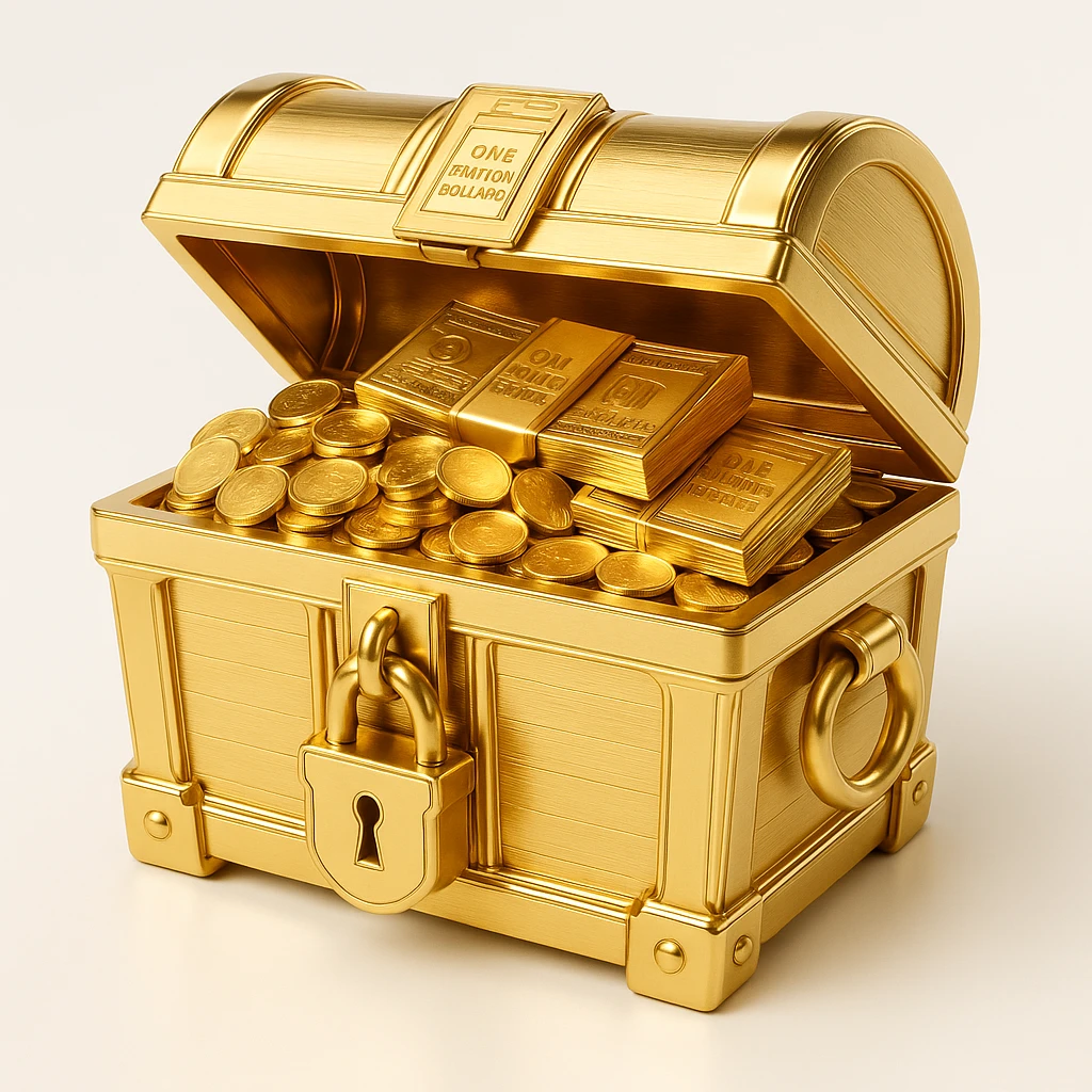 a treasure chest filled with gold coins and bundles of billion dollar notes, sparkling and opulent emoji