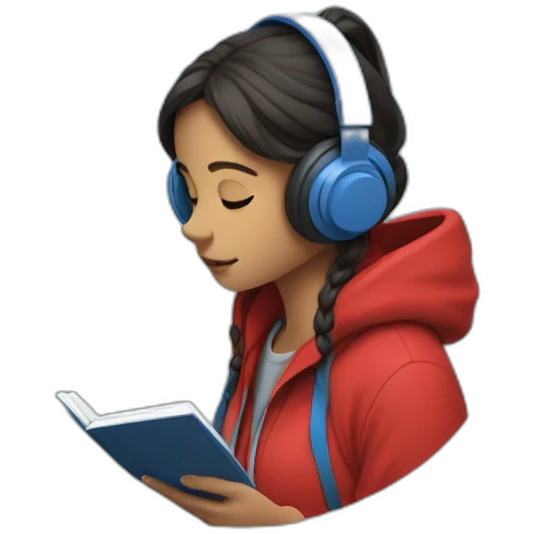 Lo-fi girl studing headphones, blue jacket, red hoodie emoji