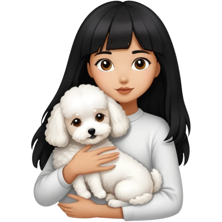 A beautiful girl with long black hair and bangs hugs a super small Bichon Frise dog emoji
