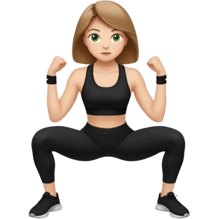 Beautiful woman with light brown shoulder length hair popping a squat without any weights. Make her with a little lighter, brown hair and green eyes. Make her fair skinned and wearing a black workout suit. emoji