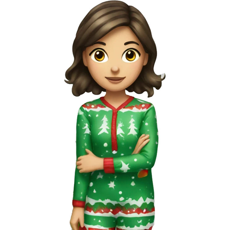 brunette girl wearing christmas pajamas decorating a christmas tree emoji
