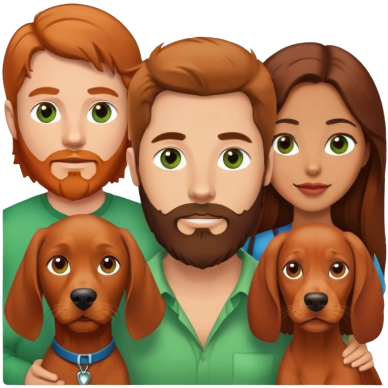 White male with brown hair and  green eyes and beard and Hispanic female with with brown eyes and brunette long hair and red vizsla dog emoji