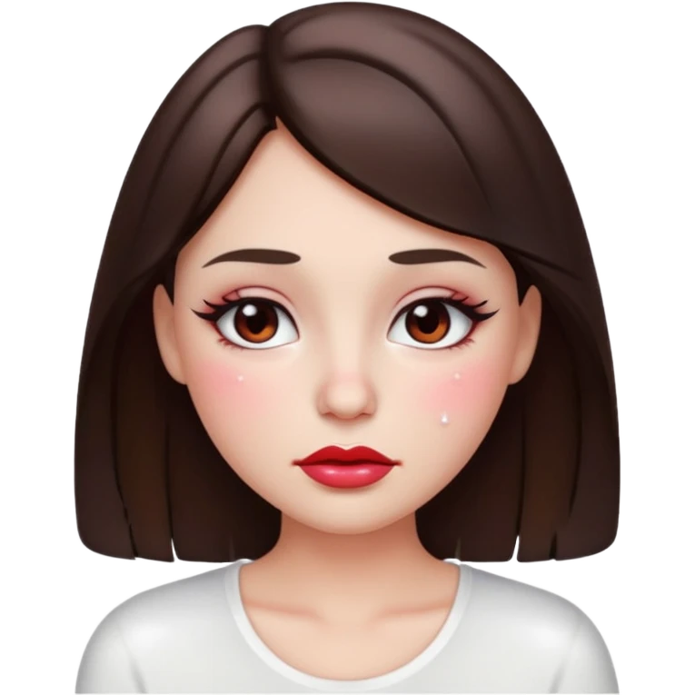 “Emoji brunette girl white top, dewy skin, heavy blush across cheeks and nose bridge, glossy cherry lips, soft eyeliner, teary sparkling eyes like hanni from new jeans emoji