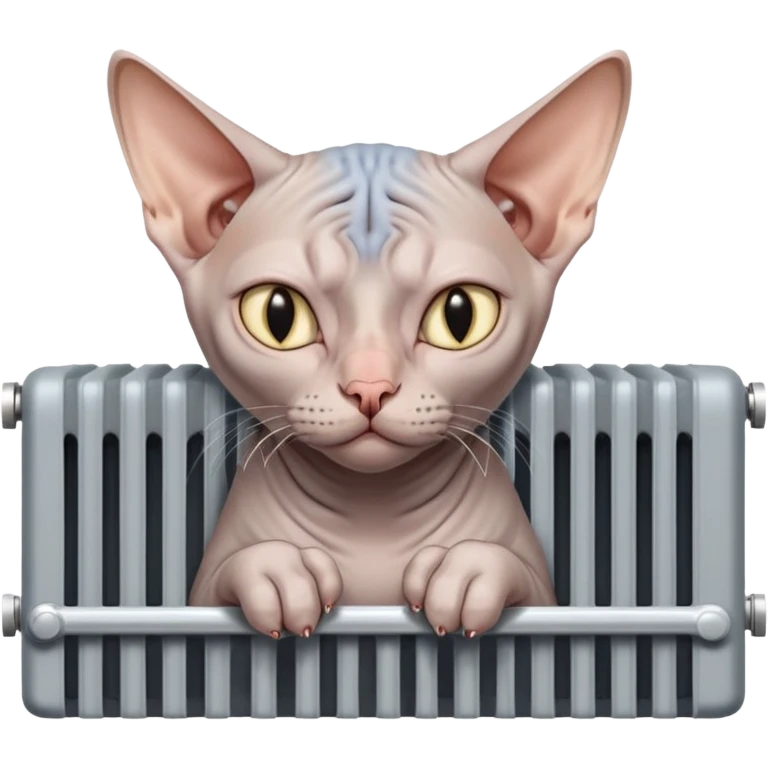 A gray bald cat of the Don Sphynx breed warms himself in a radiator and sighs with a tired look emoji