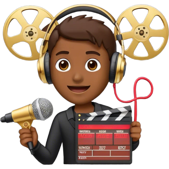 Create a dynamic and cinematic emoji that represents voice-over and dubbing in films. The design should feature a microphone, sound waves, and a film reel or movie clapperboard, symbolizing the connection between voice acting and film production. Add elements like headphones or a voice actor's silhouette to emphasize the human element of dubbing. Use vibrant, cinematic colors like gold, black, and red to create a sense of drama and creativity. The background should be transparent. emoji