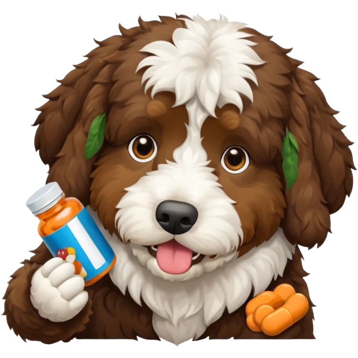 A Bernedoodle eating a bunch of advill pills emoji