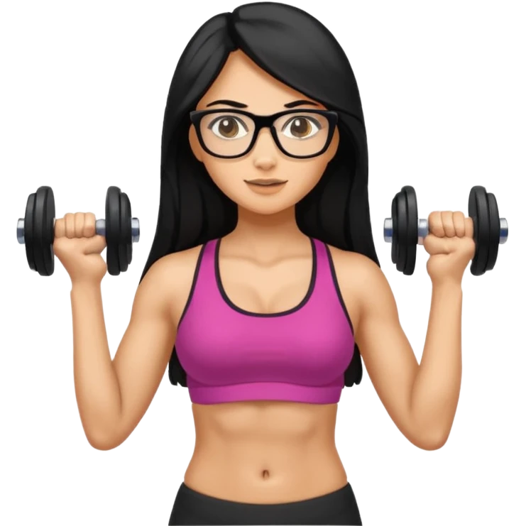 Mujer fitness usando mancuernas con lentes y cabello largo negro emoji