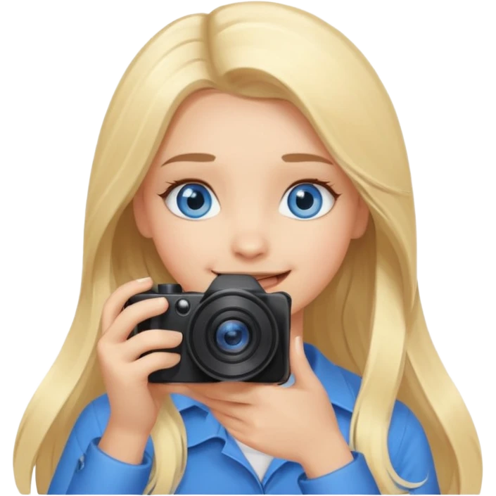  blue eyes blonde girl photographer cartoon taking picture in middle of taking picture camera in front of face long hair smiling funny flash professiona emoji