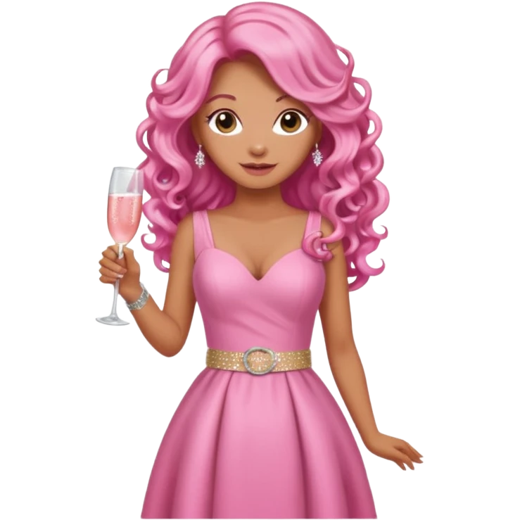 One lady with long pink curled hair and tan skin wearing a pink dress with sparkly belt holding a glass of pink champagne in each hand emoji