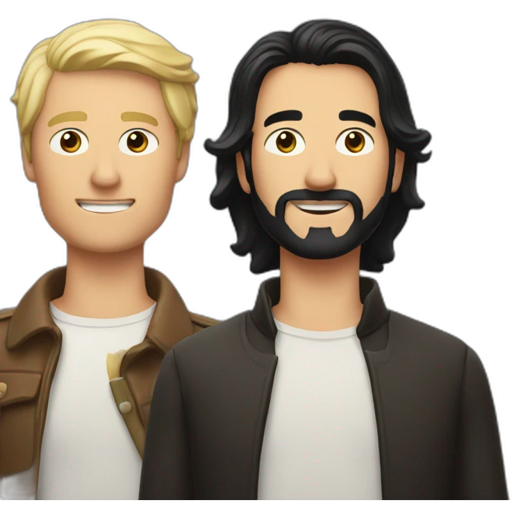 two men, one with long black hair and the other man with short blonde hair, each with a bottle of fernet emoji