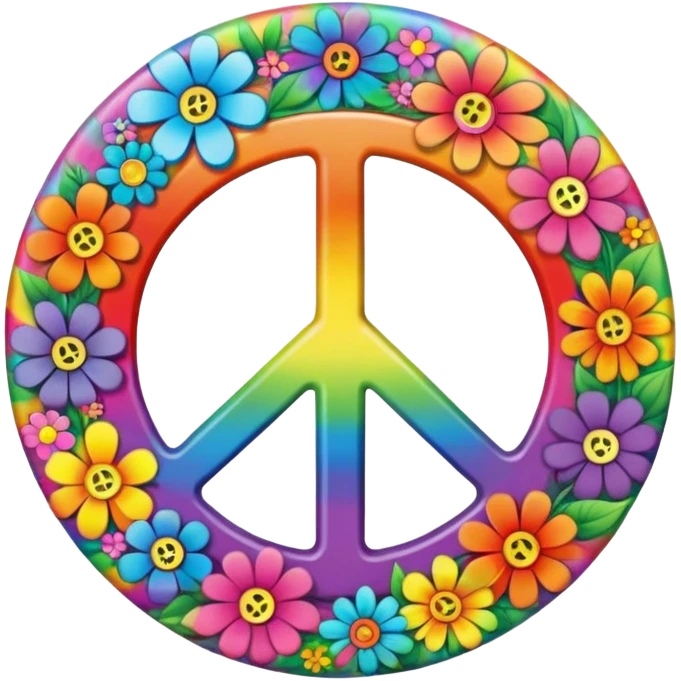 A round psychedelic colored button with the word “peace” in the center with rainbow colored hippie style flowers emoji