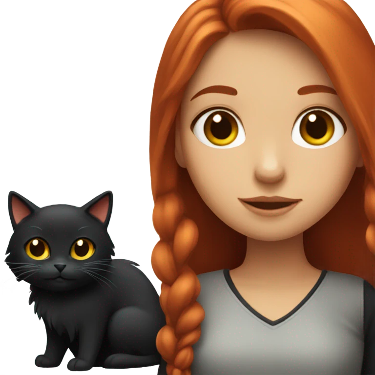 red haired girl with long hair and fluffy black cat emoji
