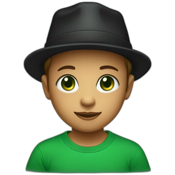 A child with green eyes, wearing a black hat and a green T-shirt with a black letter “G” on T.Shirt emoji