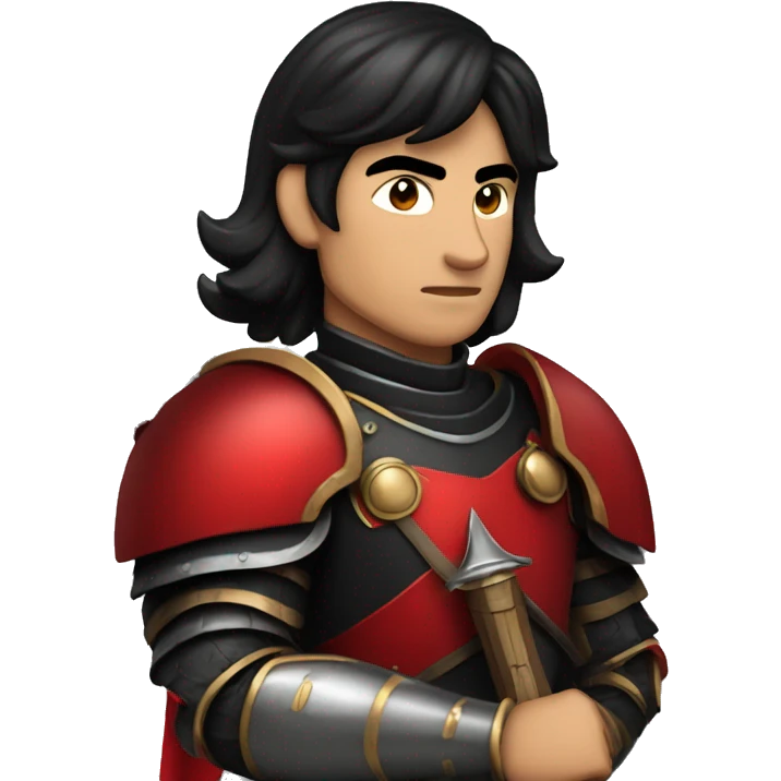 Vintage Tanned man with black hair and stern face wearing red and black armour holding sword vintage emoji