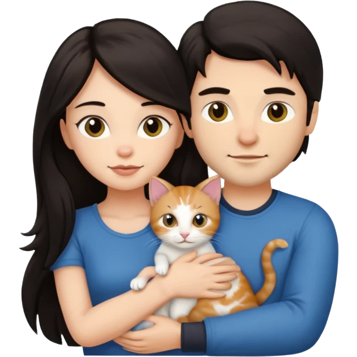 Девушка с тёмными длинными волосами рядом мужчина обнимает её и у них котенок emoji