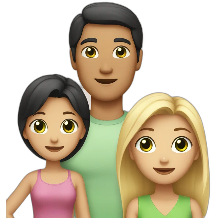 A family with a man having black hair and Asian black eyes, and a woman with blonde hair and green eyes, and a daughter with brown hair. emoji