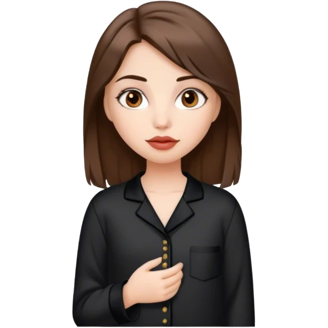 Apple emoji girl, Medium-length brown hair, brown eyes, big lips, in black pajamas emoji