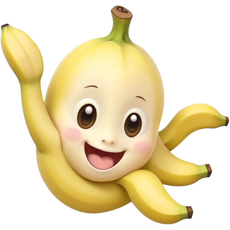 Cute Kawaii Banana, slightly curved, soft pastel yellow, cute giggling face with big round eyes, tiny arms waving happily, a peeled section revealing a smiling expression! emoji