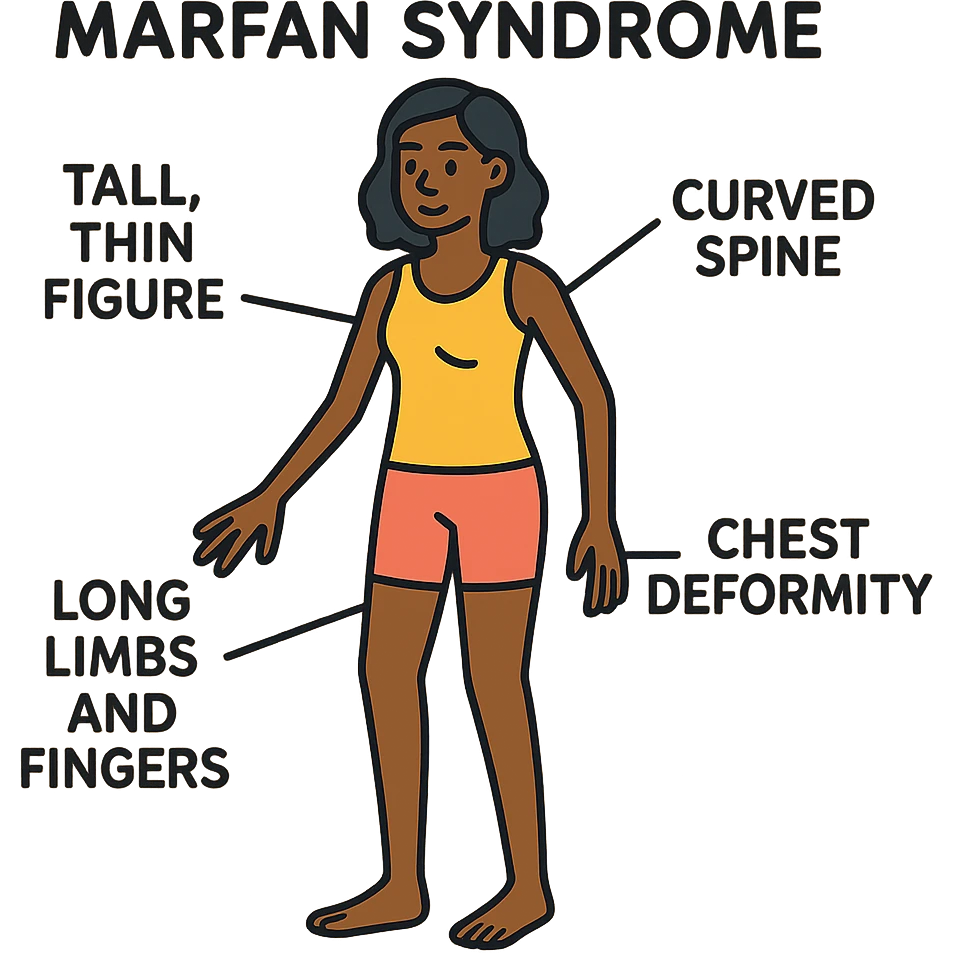 Create an educational graphic highlighting Marfan syndrome in a Black woman. Show a tall, thin female figure with long limbs and fingers, curved spine, chest deformity, and subtle facial features. Include clear labels for each characteristic. The style should be clear, informative, and suitable for a general public audience. emoji