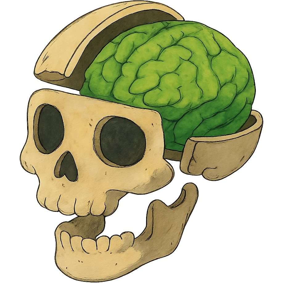 ghibli style cut-up skull with green brain inside emoji