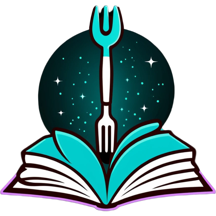 Mystical cookbook with glowing fork and spoon symbol on its cover, radiating magical light and surrounded by floating sparkles emoji