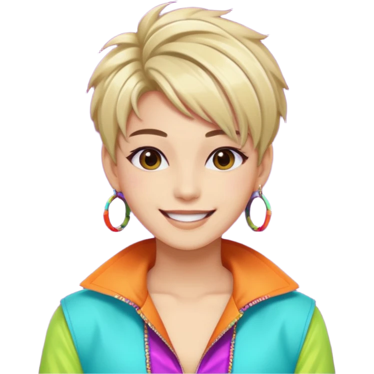 A stylish young idol in colorful stage outfit, trendy hairstyle with dyed highlights emoji