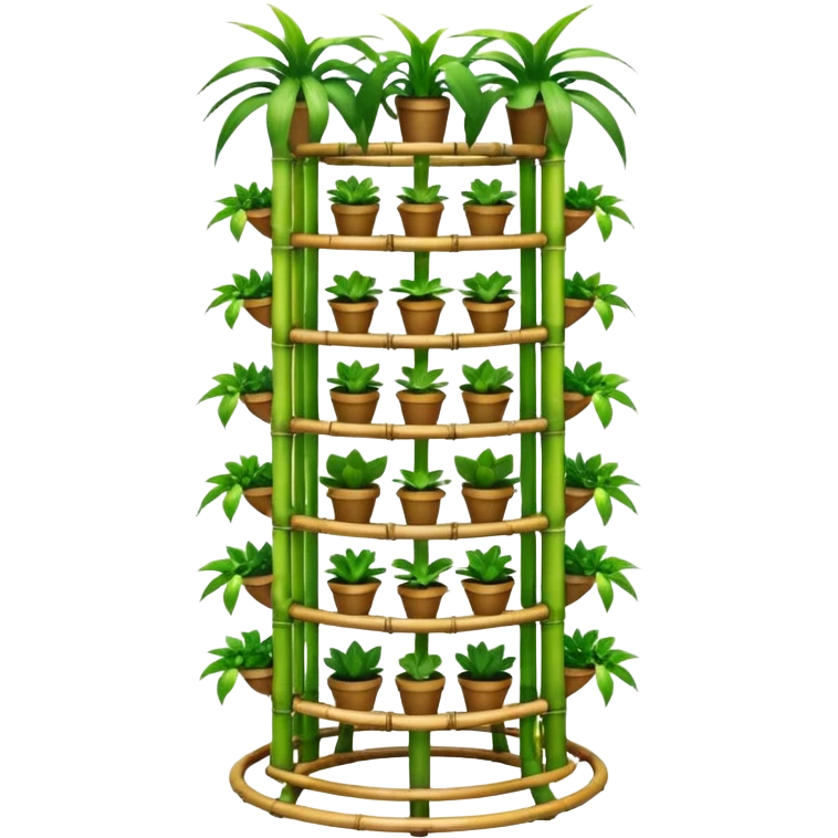 Very Large alien-futuristic multi-tier multi-level curved plant rack, which holds twenty-five plants, constructed from 7/8ths of an inch thin vining bamboo poles  emoji