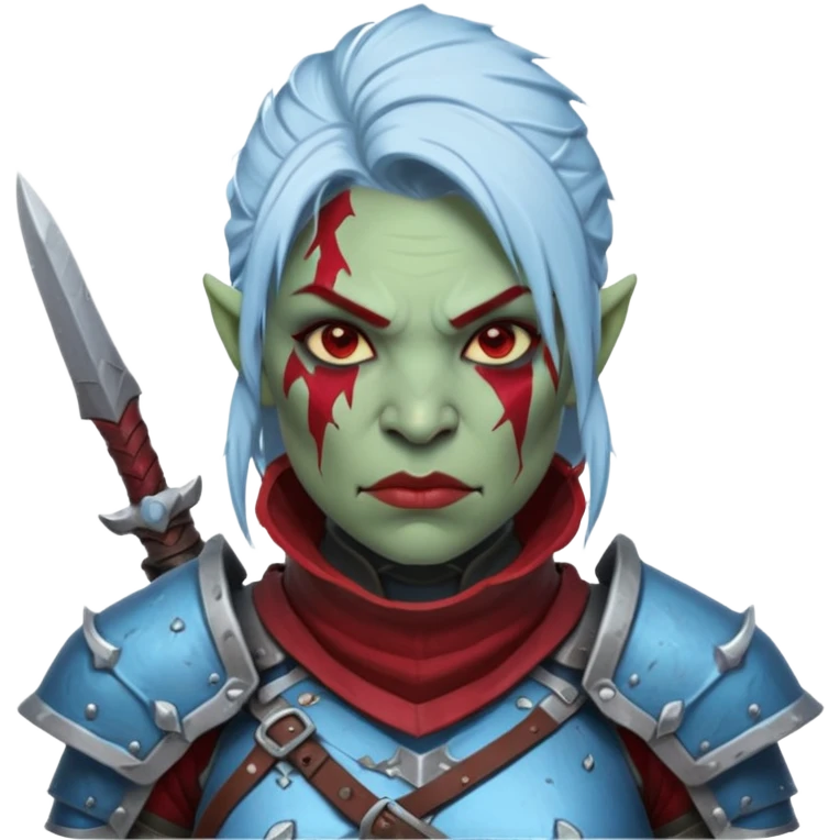 Fantasy Christmas orc legion soldier icon, iron tundra army theme, heavy winter armor, disciplined brutal look, cold steel armor cracked with frozen crimson lines, bloodfrost effect, icy blue and dark red color palette, minimal clean emoji style, female variant emoji