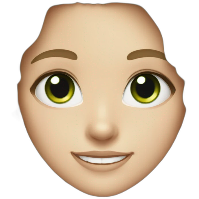 white girl with black long curly ponytail and green eyes smiling emoji