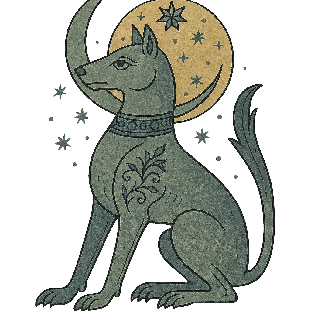a mystical dog in the style of classic tarot card art, inspired by The Moon, intricate, vintage, no background emoji