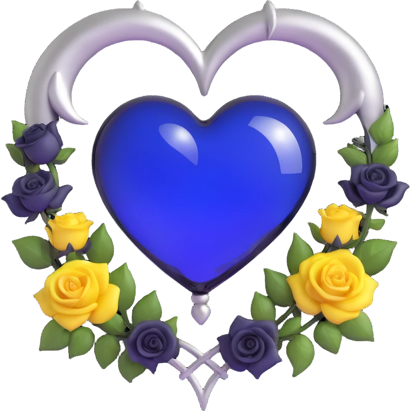 gothic heart made of midnight blue glass, adorned with a silver crescent moon and tiny black roses, mysterious and rich emoji