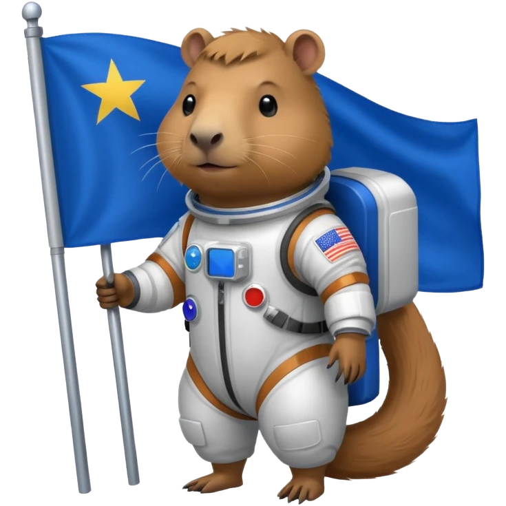 Capypara in space suit, holding blue rectangle flag emoji