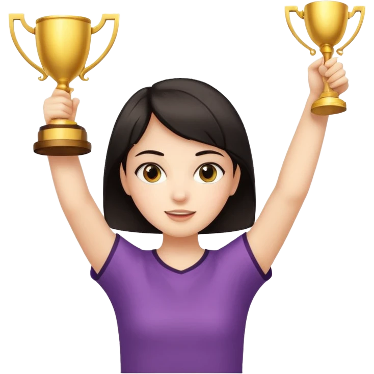 Девушка с тёмными короткими волосами с поднятыми вверх руками с кубком  emoji