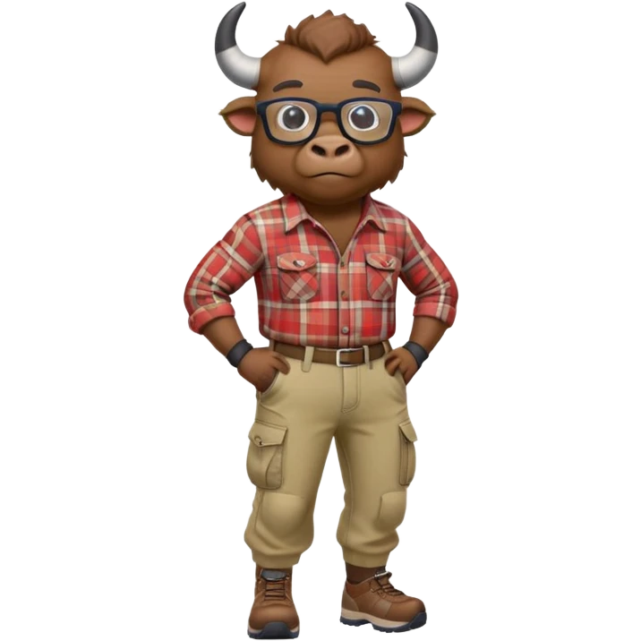 friendly anthropomorphised bison in cargo pants and plaid shirt, wearing glasses, jogging upright, relaxed pose emoji