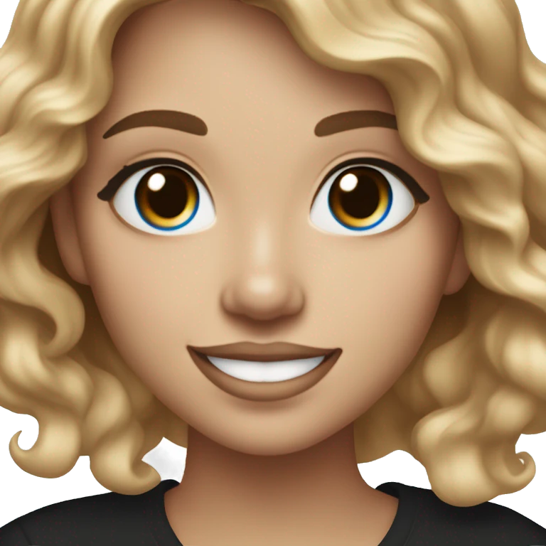 White-skinned adult woman, smiling, glitter makeup on her face, blue eyes, long brown-to-blonde ombre wavy hair, ring earrings, black T-shirt. emoji