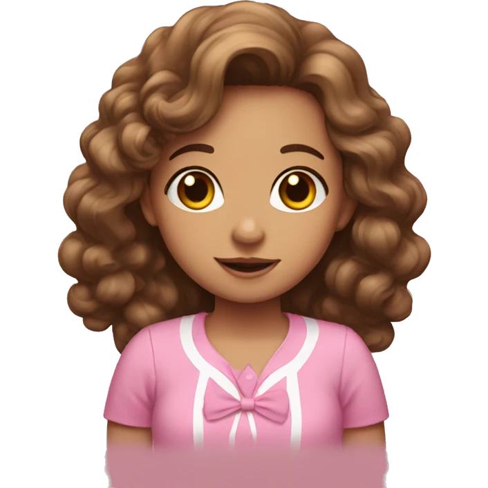 A girl with long curly brown hair and pink shirt with a bow emoji