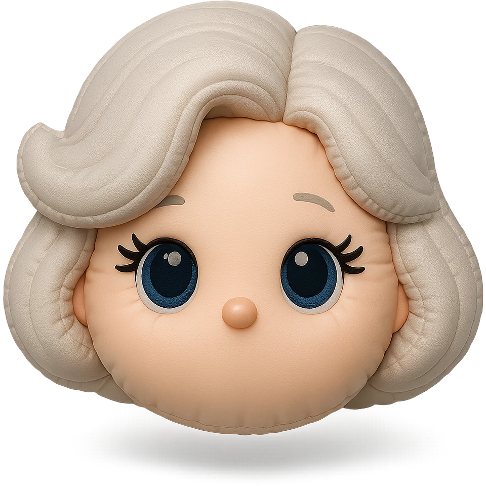 Add cute, plush-style eyelashes to the eyes, keep pure silver grey hair, blue eyes, 1940s bob hairstyle, no body, no mouth, no white border, transparent background in cushion style. emoji