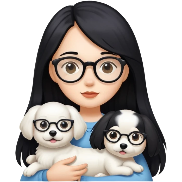 A girl with long black hair and glasses holding a white dog emoji